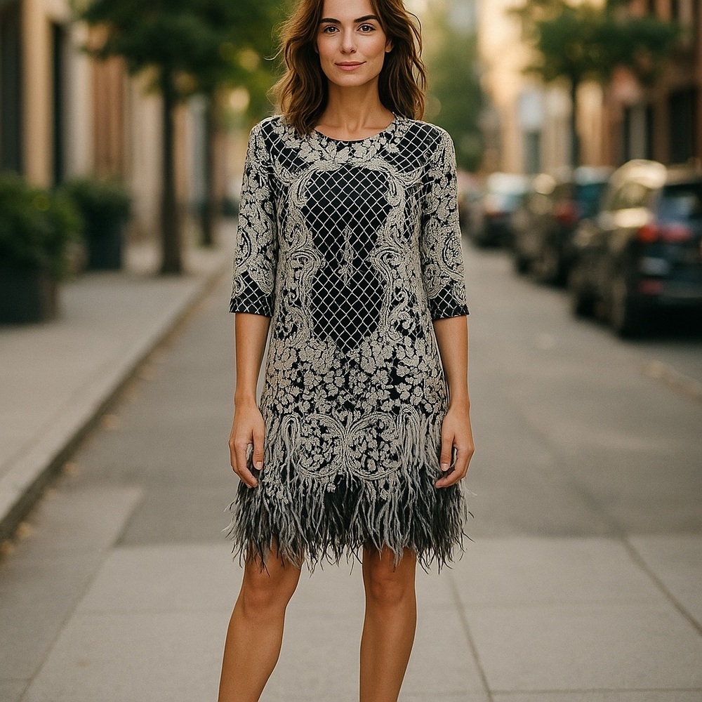 Unbranded White/Black Lace Overlay Feather Detail Lined Dress No Size Tag *Read*